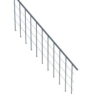 Modernes Geländer für die Comfort Top und Comfort Top Turn Treppe in Grau. Das Geländer besteht aus schlanken Metallpfosten mit horizontalen Edelstahlseilen für eine moderne Optik und sichere Absturzsicherung. Der Handlauf sorgt für zusätzlichen Halt.