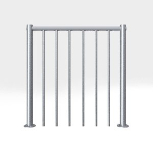 Freigestelltes Brüstungsgeländer für die Außenspindeltreppe Rondo Zink Smart. Der waagerechte Handlauf ist aus grauem PVC, die senkrechten Stäbe bestehen aus verzinktem Stahl und verlaufen zwischen zwei stabilen Metallpfosten.