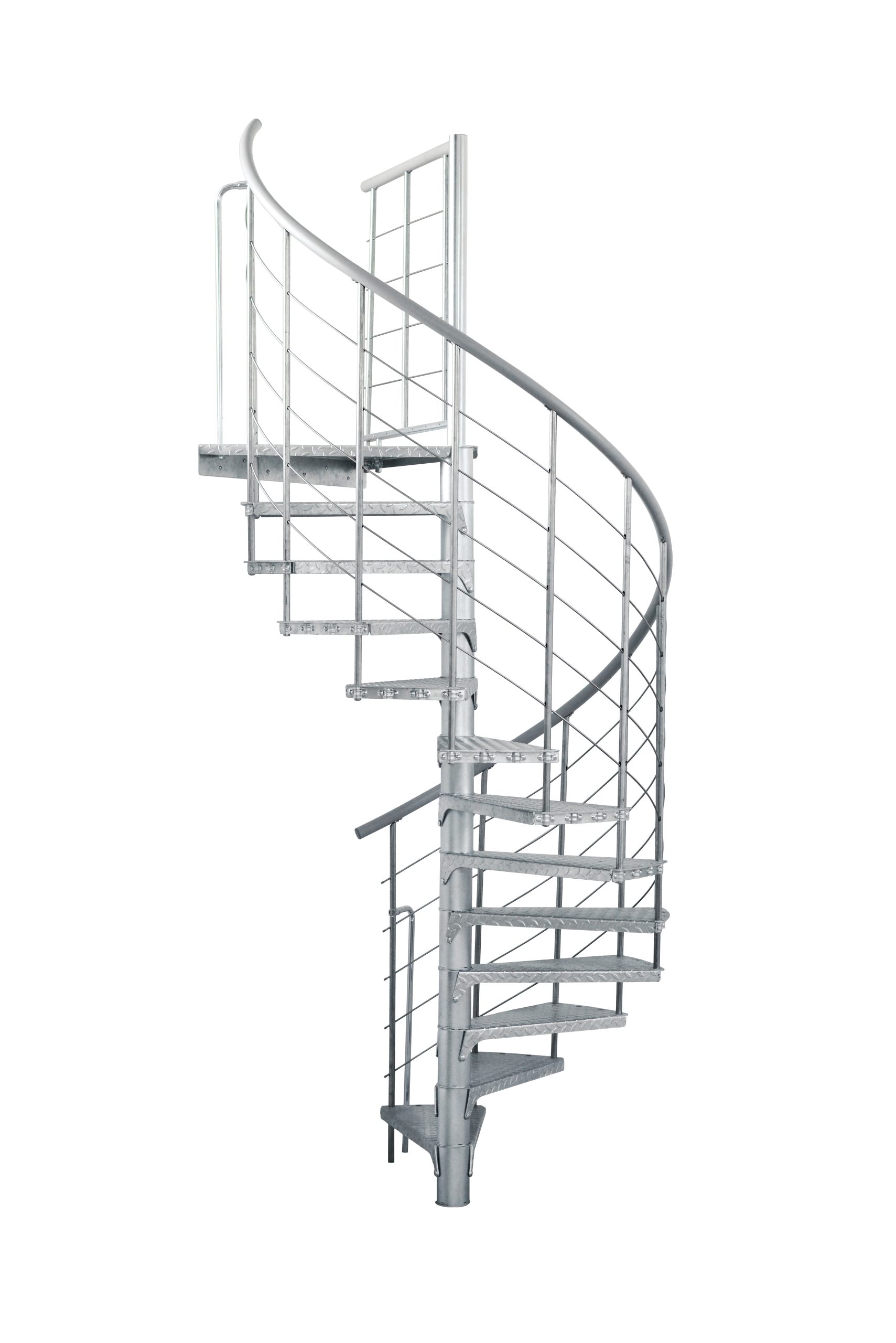 Spindeltreppe Spino Zink Smart aus verzinktem Metall mit rutschfesten Tränenblech-Stufen und Geländer mit vertikalen Stäben, horizontalen Seilzügen und PVC-Handlauf.