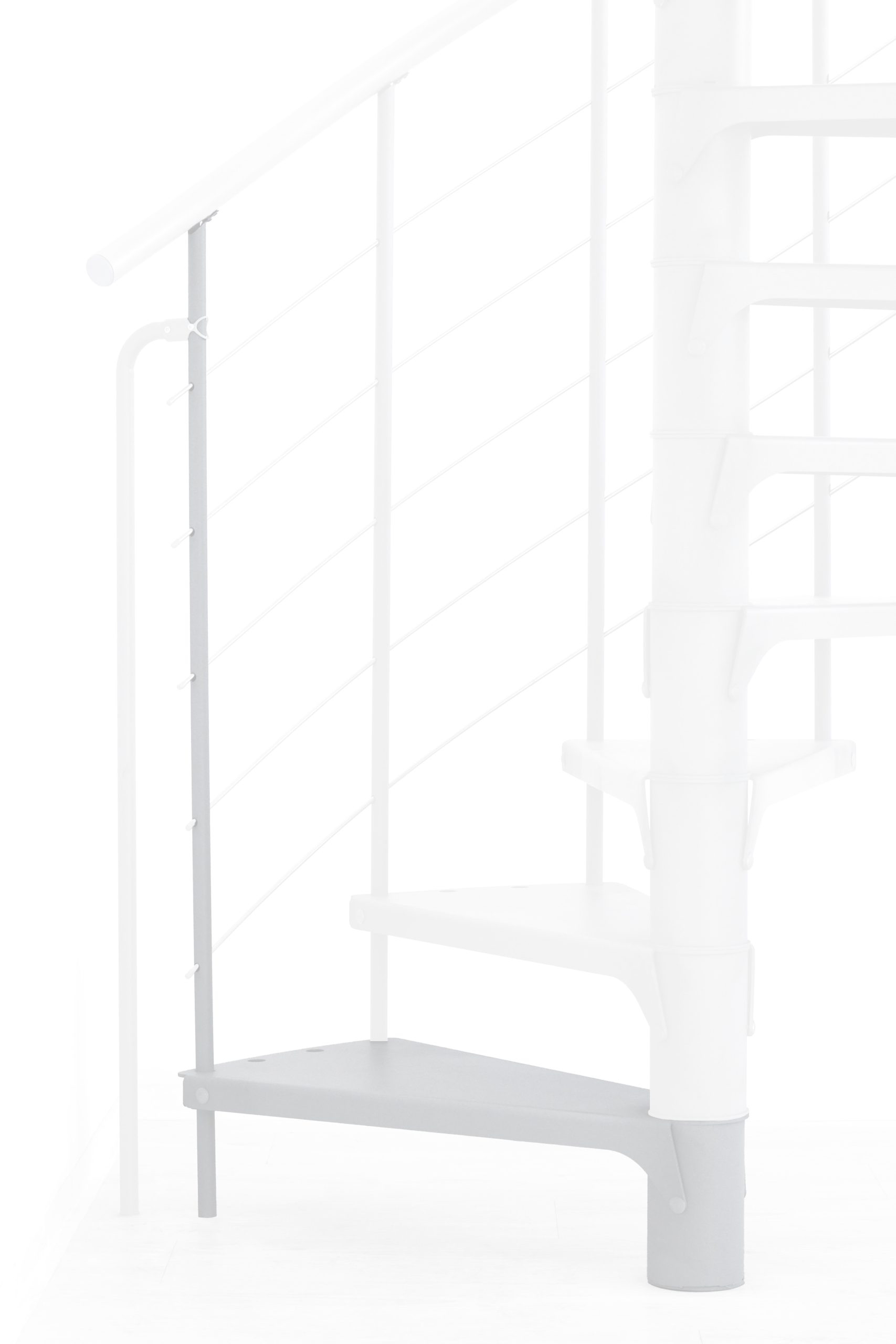 Höhenerweiterung für die Treppe Spino Smart aus weißem Metall. Gezeigt wird ein Detail der Zusatzstufe, des Geländerstabs und des Handlaufs.
