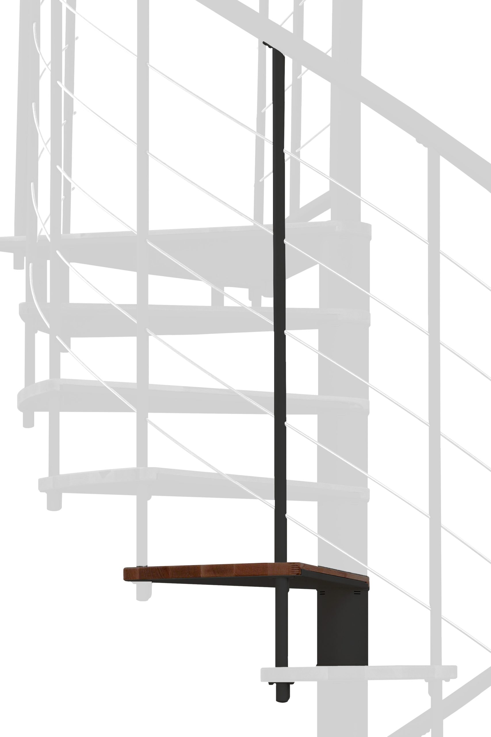 Höhenerweiterung für die Spindeltreppe Fusion mit Stufen in Buche in Walnuss gebeizt und schwarzem Metall. Gezeigt wird ein Detail der Zusatzstufe und des Geländerstabs.