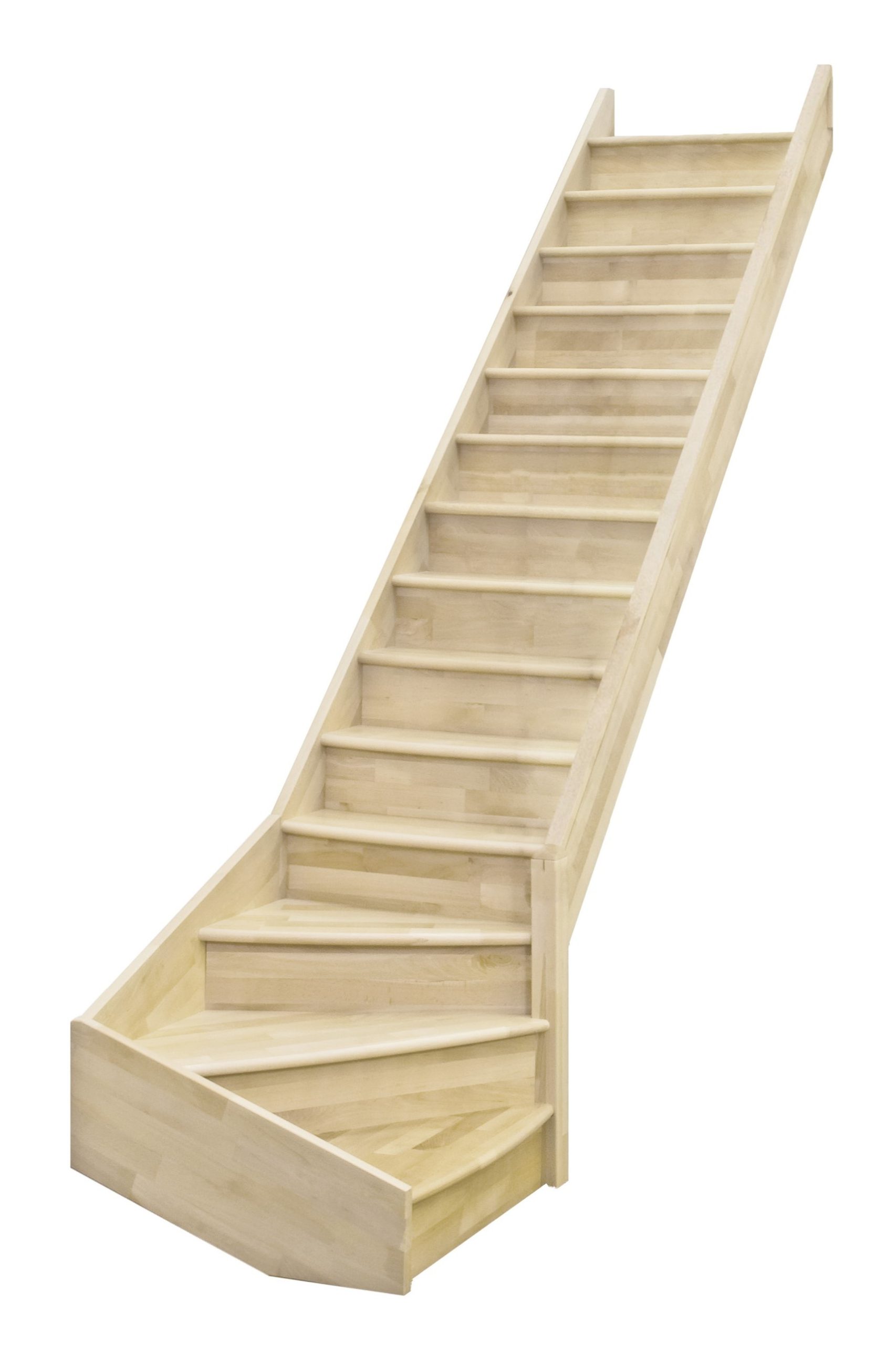 Eine Wangentreppe mit Setzstufen aus Fichte ohne Geländer. Der untere Teil der Treppe hat eine viertelgewendelte Drehung nach rechts.
