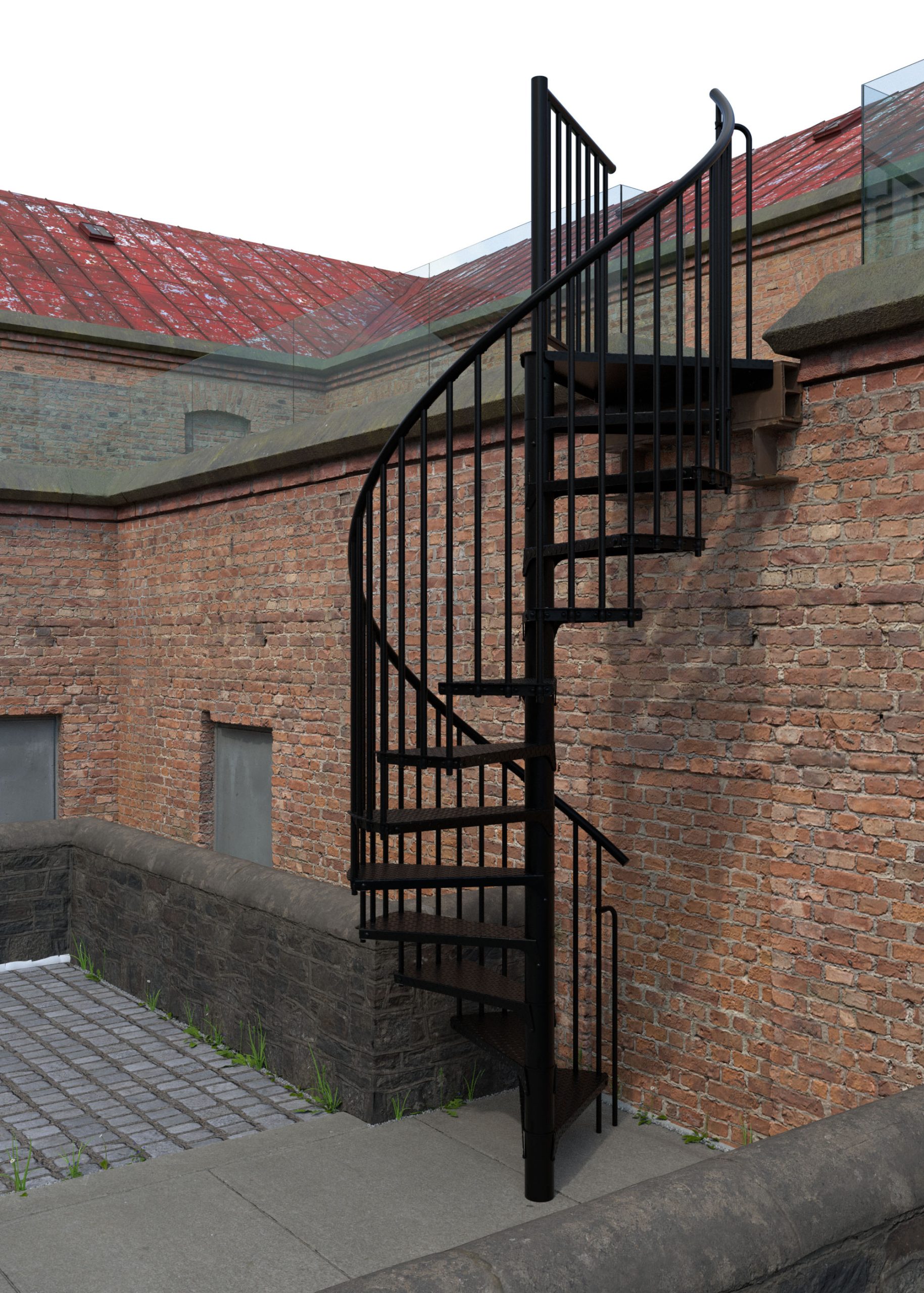 Außenspindeltreppe Rondo Zink Color in Schwarz vor einer Backsteinfassade. Die Treppe aus feuerverzinktem Stahl mit schwarzer Pulverbeschichtung verfügt über senkrechte Stäbe und Tränenblech-Stufen für sicheren Tritt im Außenbereich.