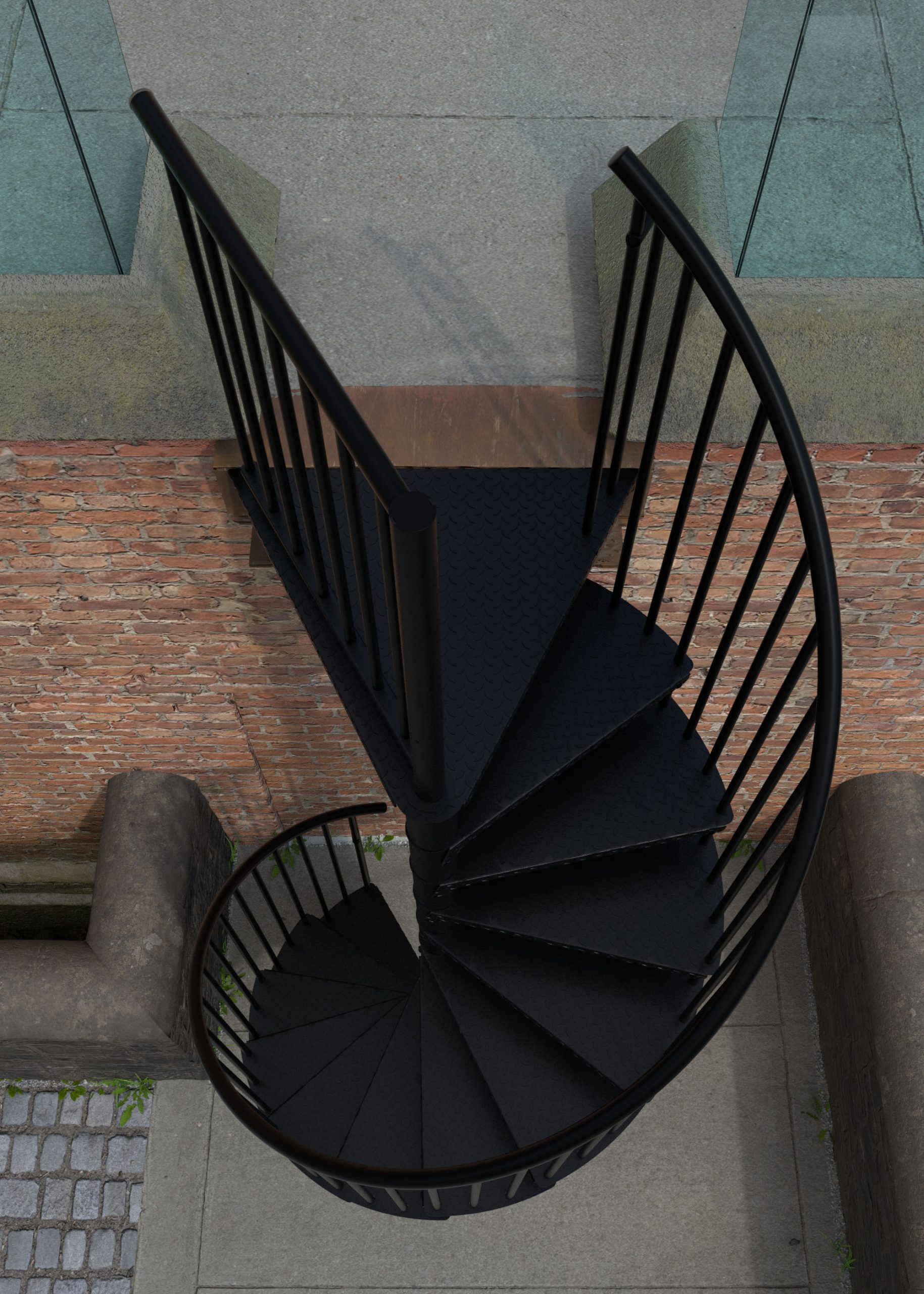 Außenspindeltreppe Rondo Zink Color in Schwarz von oben fotografiert. Die gewendelte Treppe aus verzinktem Stahl mit schwarzer Pulverbeschichtung zeigt rutschfeste Tränenblech-Stufen und senkrechte Geländerstäbe vor einer Backsteinfassade.