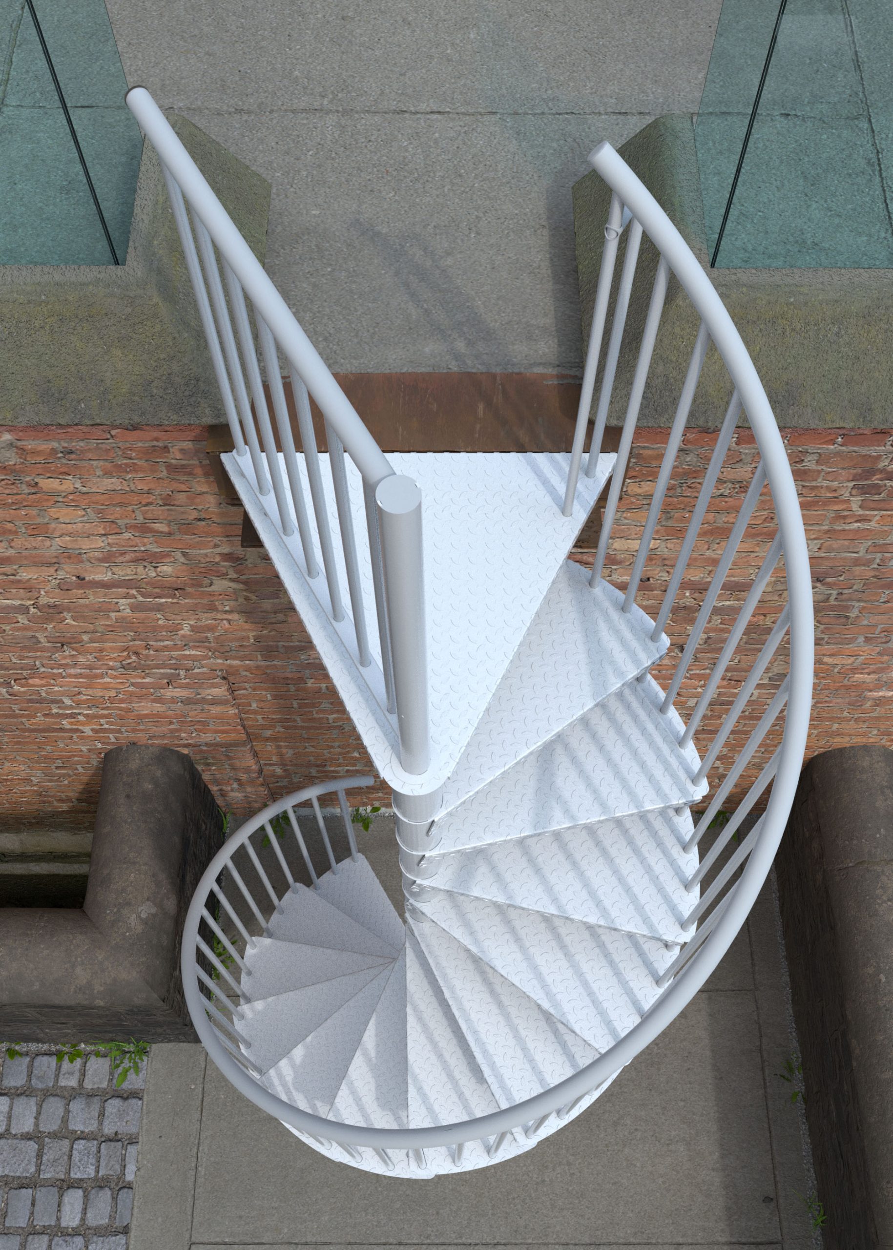 Außenspindeltreppe Rondo Zink Color in Weiß von oben fotografiert. Die gewendelte Treppe aus verzinktem Stahl mit weißer Pulverbeschichtung zeigt rutschfeste Tränenblech-Stufen und senkrechte Geländerstäbe vor einer Backsteinfassade.