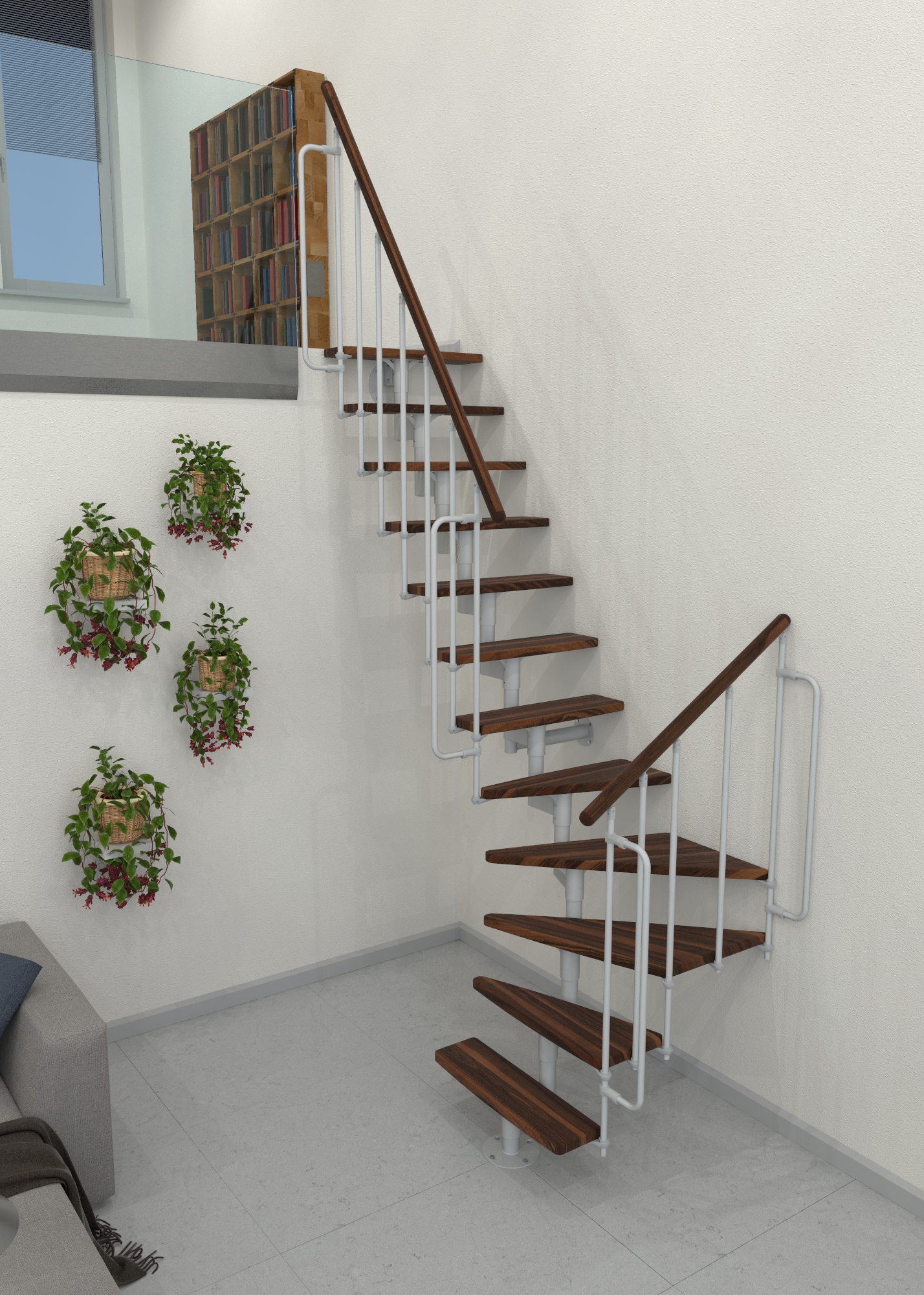 Mittelholmtreppe mit Stufen in Walnussoptik und weißem Metallgeländer, seitlich aufgenommen. Die Treppe verläuft in einer 180-Grad-Wendung entlang der Wand.