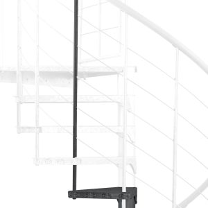 Höhenerweiterung für die Treppe Spino Zink Color aus anthrazit Metall. Gezeigt wird ein Detail der Zusatzstufe, der Geländerstäbe und des Handlaufs.