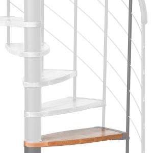 Höhenerweiterung für die Spindeltreppe Helios mit Stufen in Buche und grauem Metall. Gezeigt wird ein Detail der Zusatzstufe und des Geländerstabs.