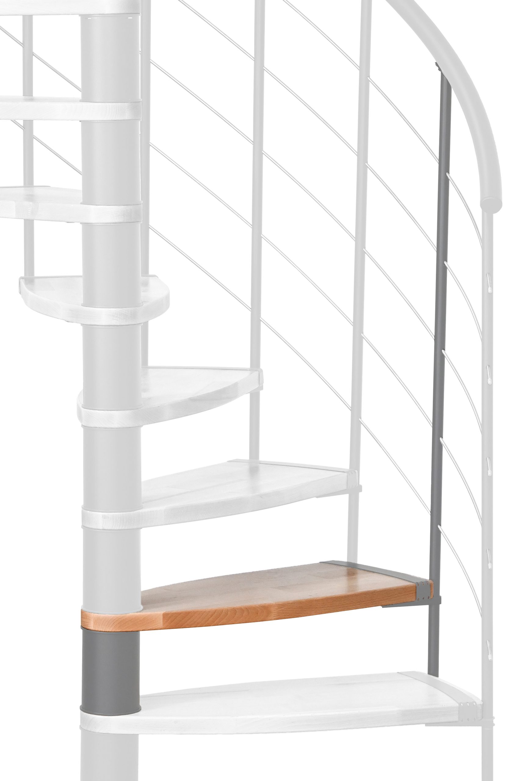 Höhenerweiterung für die Spindeltreppe Helios mit Stufen in Buche und grauem Metall. Gezeigt wird ein Detail der Zusatzstufe und des Geländerstabs.