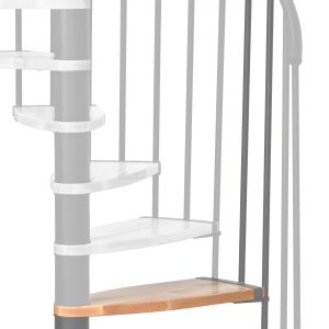 Höhenerweiterung für die Spindeltreppe Luna mit Stufen in Buche und grauem Metall. Gezeigt wird ein Detail der Zusatzstufe und der Geländerstäbe.