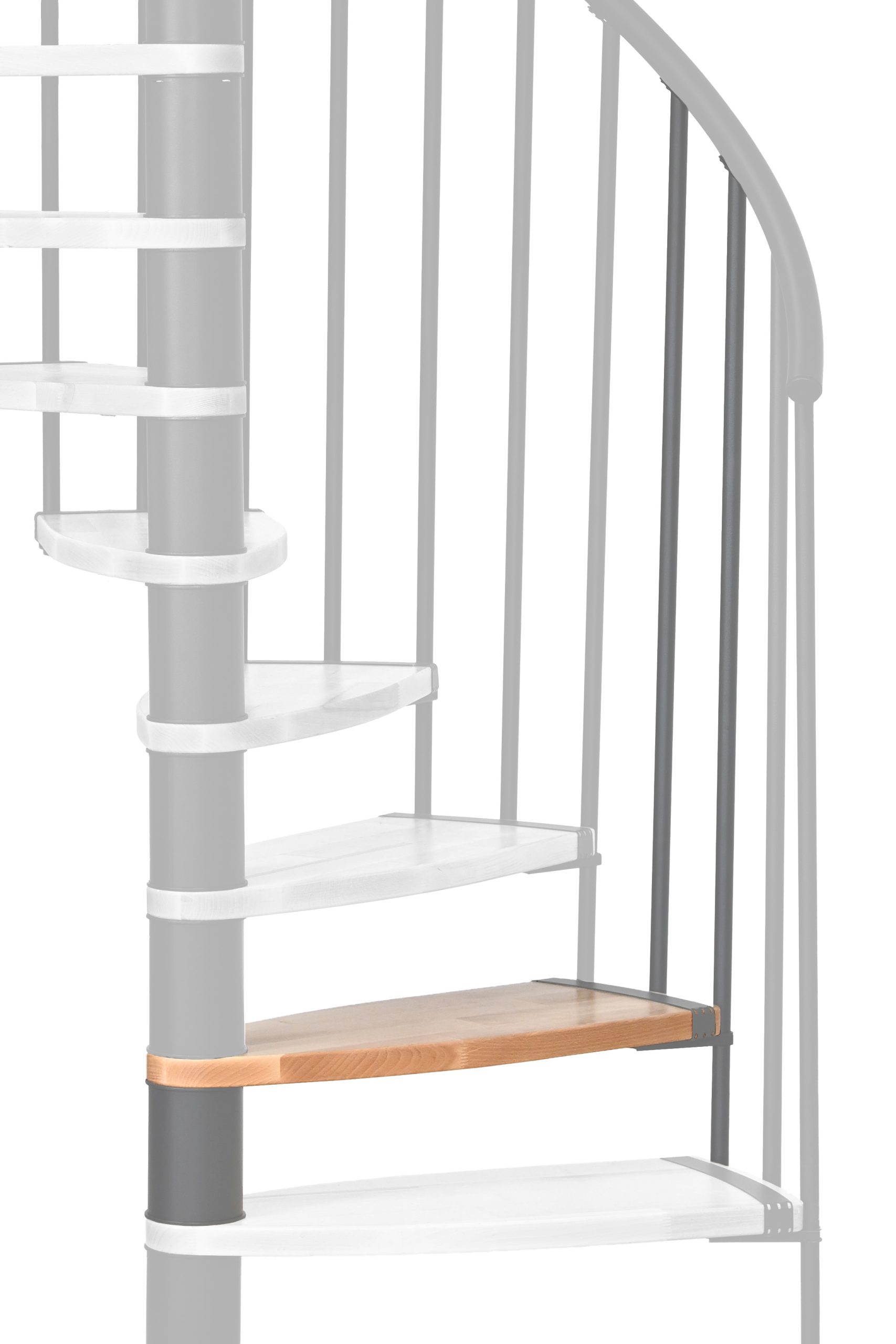 Höhenerweiterung für die Spindeltreppe Luna mit Stufen in Buche und grauem Metall. Gezeigt wird ein Detail der Zusatzstufe und der Geländerstäbe.