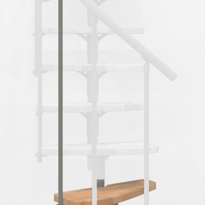 Höhenerweiterung für die Treppe Monte Carlo mit Buche-Stufen und grauem Metall. Gezeigt wird ein Detail der Zusatzstufe, der Geländerstäbe und des Handlaufs.