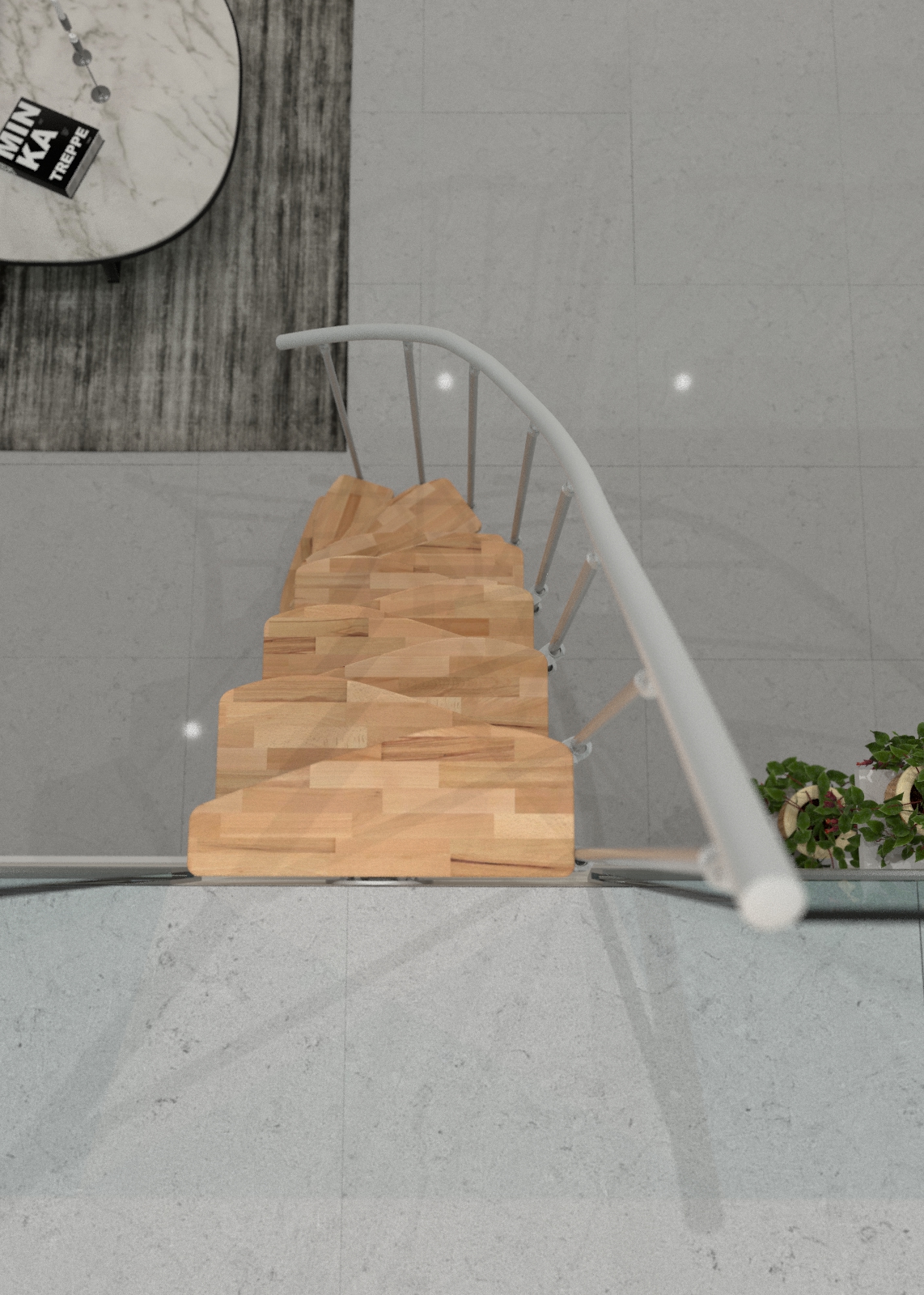 Von oben aufgenommene Mittelholmtreppe Monte Carlo mit Buchenstufen und weißem PVC-Handlauf.