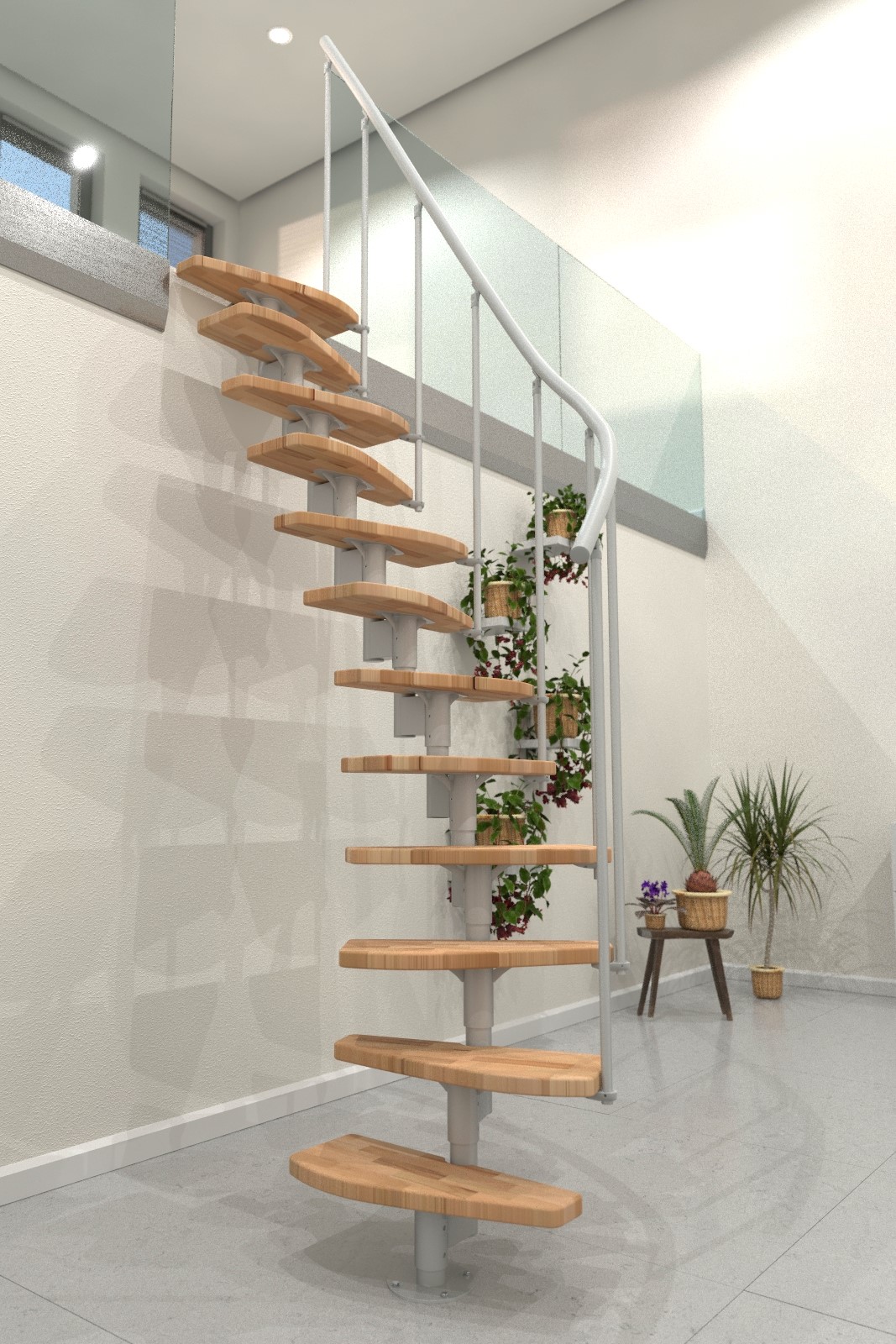 Mittelholmtreppe Monte Carlo mit Buche-Stufen und weißem Metallgeländer mit Untergurten und PVC-Handlauf.