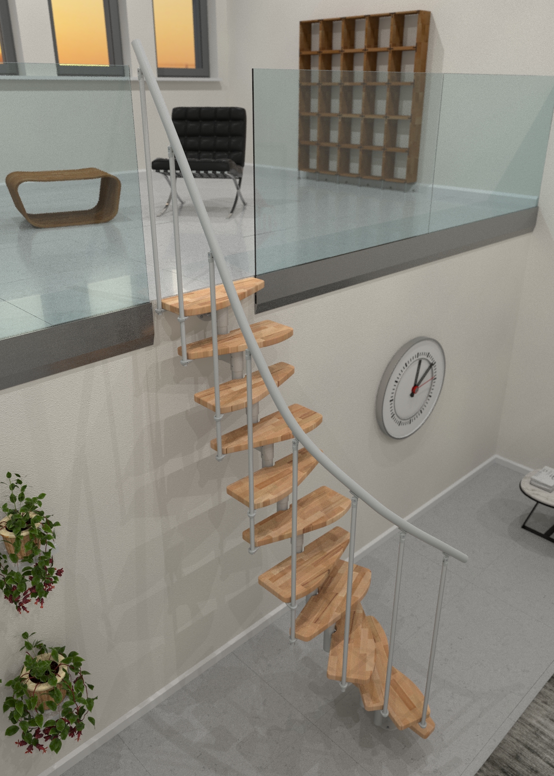 Wendeltreppe Monte Carlo mit gewendelten Buchenstufen, weißem PVC-Handlauf und weißer Metallkonstruktion