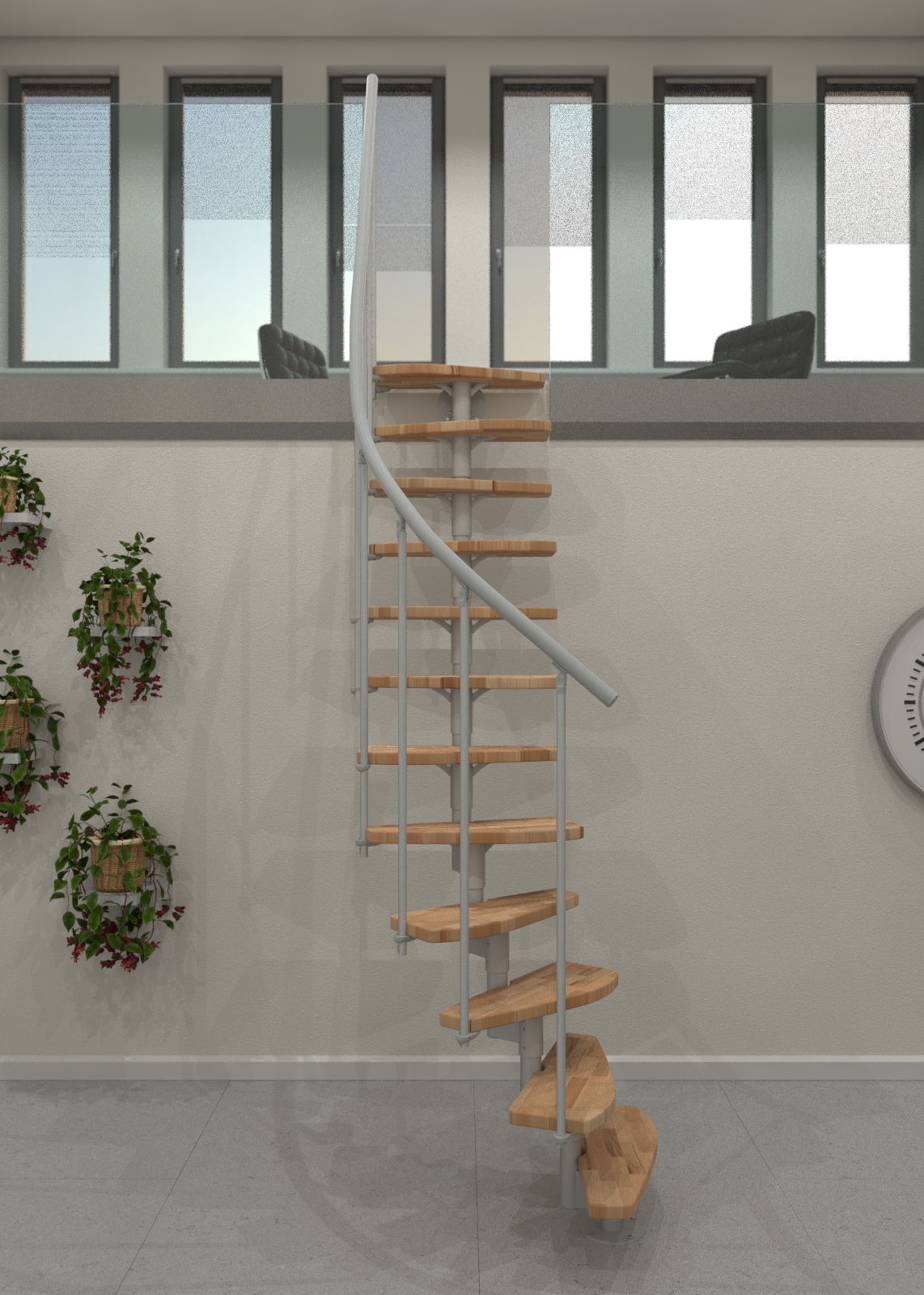 Mittelholmtreppe Monte Carlo mit lackierten Buchenstufen, weißem PVC-Handlauf und pulverbeschichtetem Stahlgeländer.