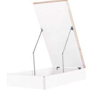 Geöffneter ISO-Oberdeckel für Dachbodentreppe Type 12 Solid. Der weiße Kasten verfügt über einen umlaufenden Holzrahmen und zwei Metallstützen zur sicheren Aufstellung der Deckelklappe.