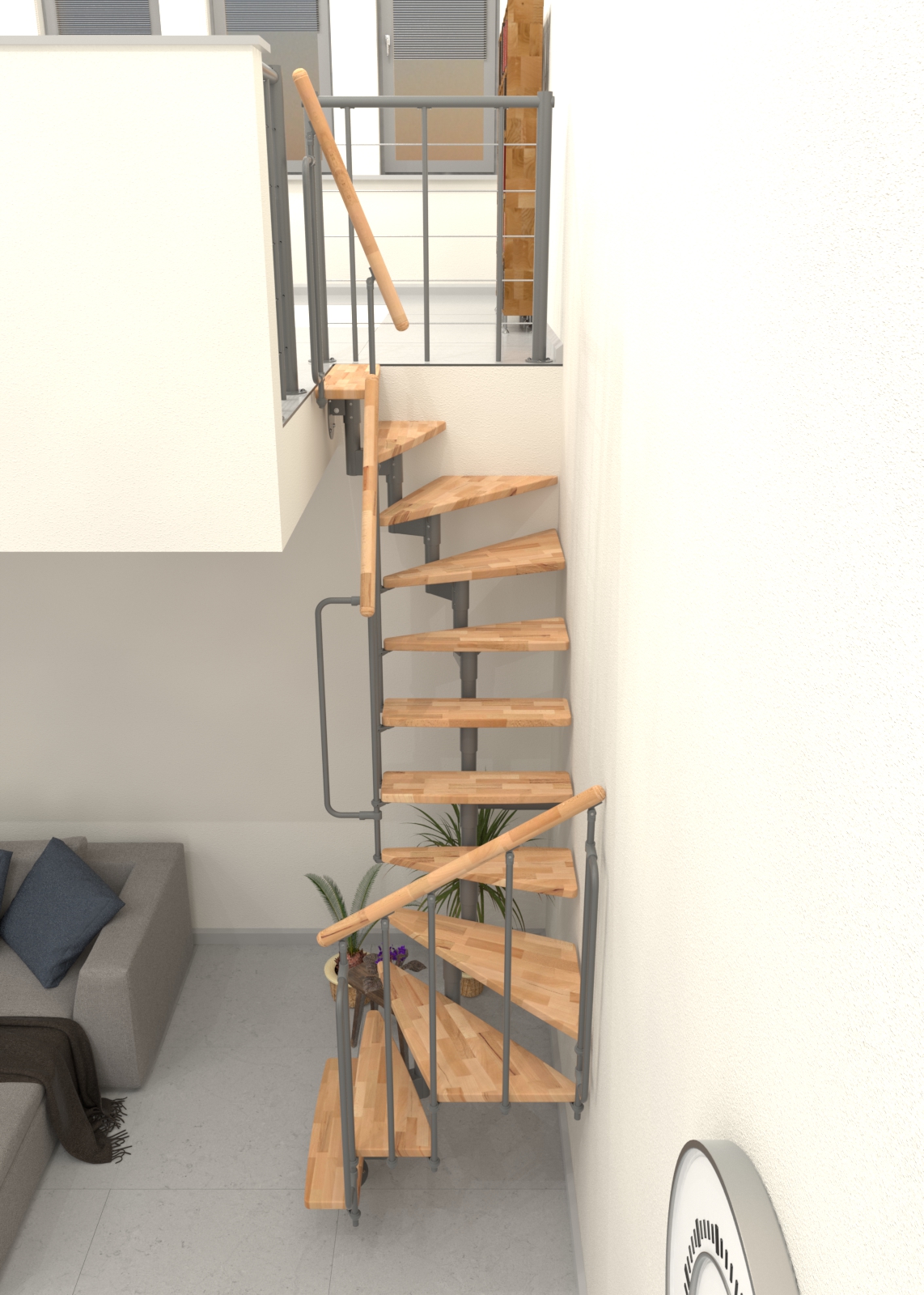 Mittelholmtreppe Joker Turn 180° mit Buche-Stufen und grauem Metallgeländer mit Untergurten und PVC-Handlauf.