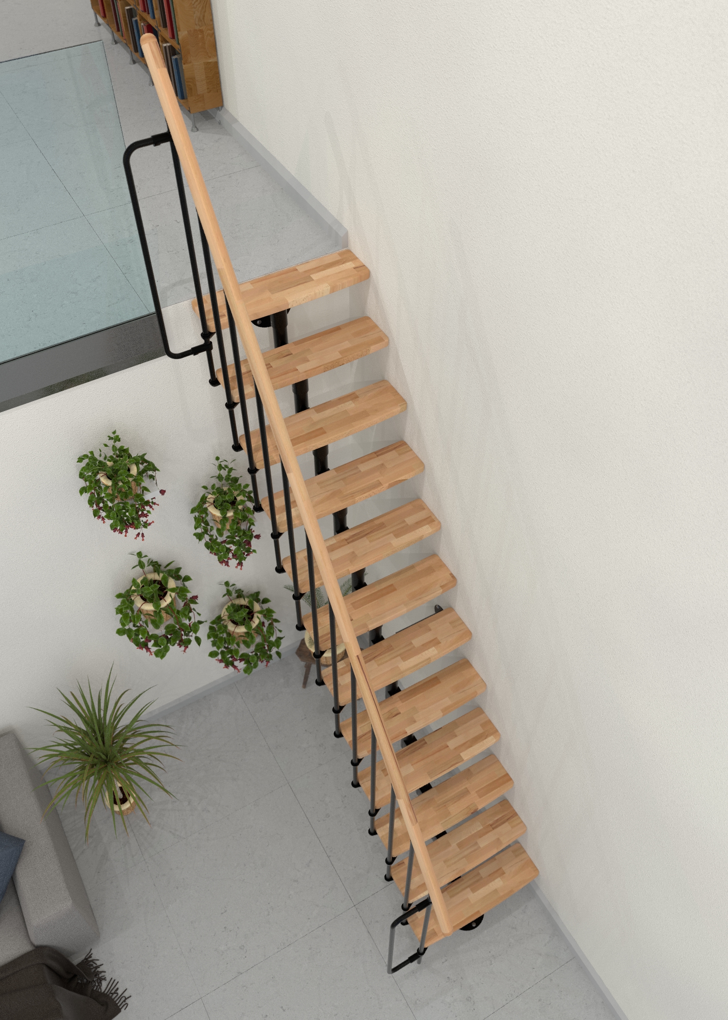 Mittelholmtreppe mit Buchenstufen und schwarzem Metallgestell, seitlich und von oben aufgenommen. Die gerade verlaufende Treppe zeigt den offenen Aufbau und führt entlang einer Wand nach unten.