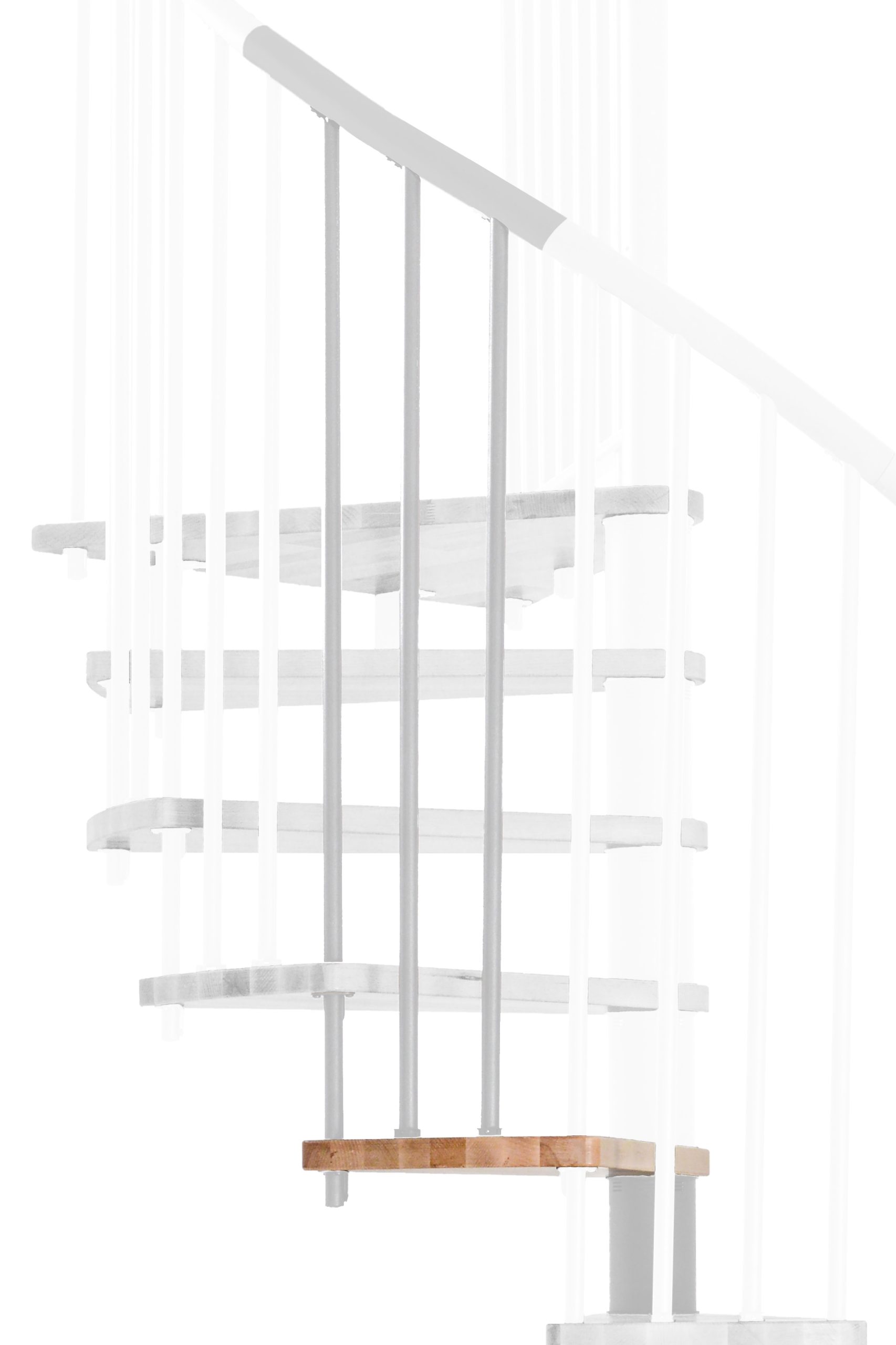 Höhenerweiterung für die Treppe Spiral Effect mit Stufen in Buche und weißem Metall. Gezeigt wird ein Detail der Zusatzstufe, der Geländerstäbe und des Handlaufs.
