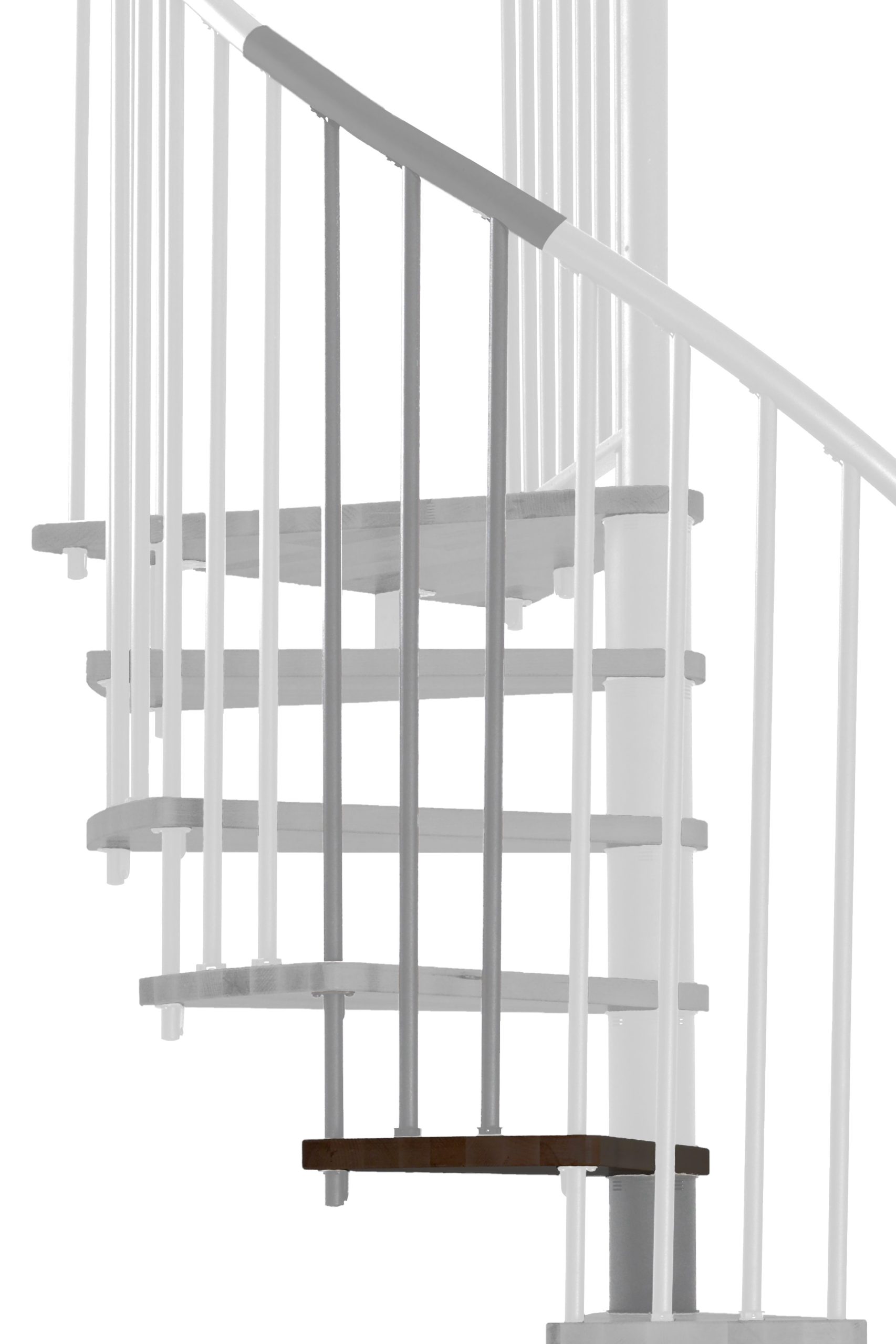 Höhenerweiterung für die Treppe Spiral Effect mit Stufen in Buche zu Walnuss gebeizt und grauem Metall. Gezeigt wird ein Detail der Zusatzstufe, der Geländerstäbe und des Handlaufs.