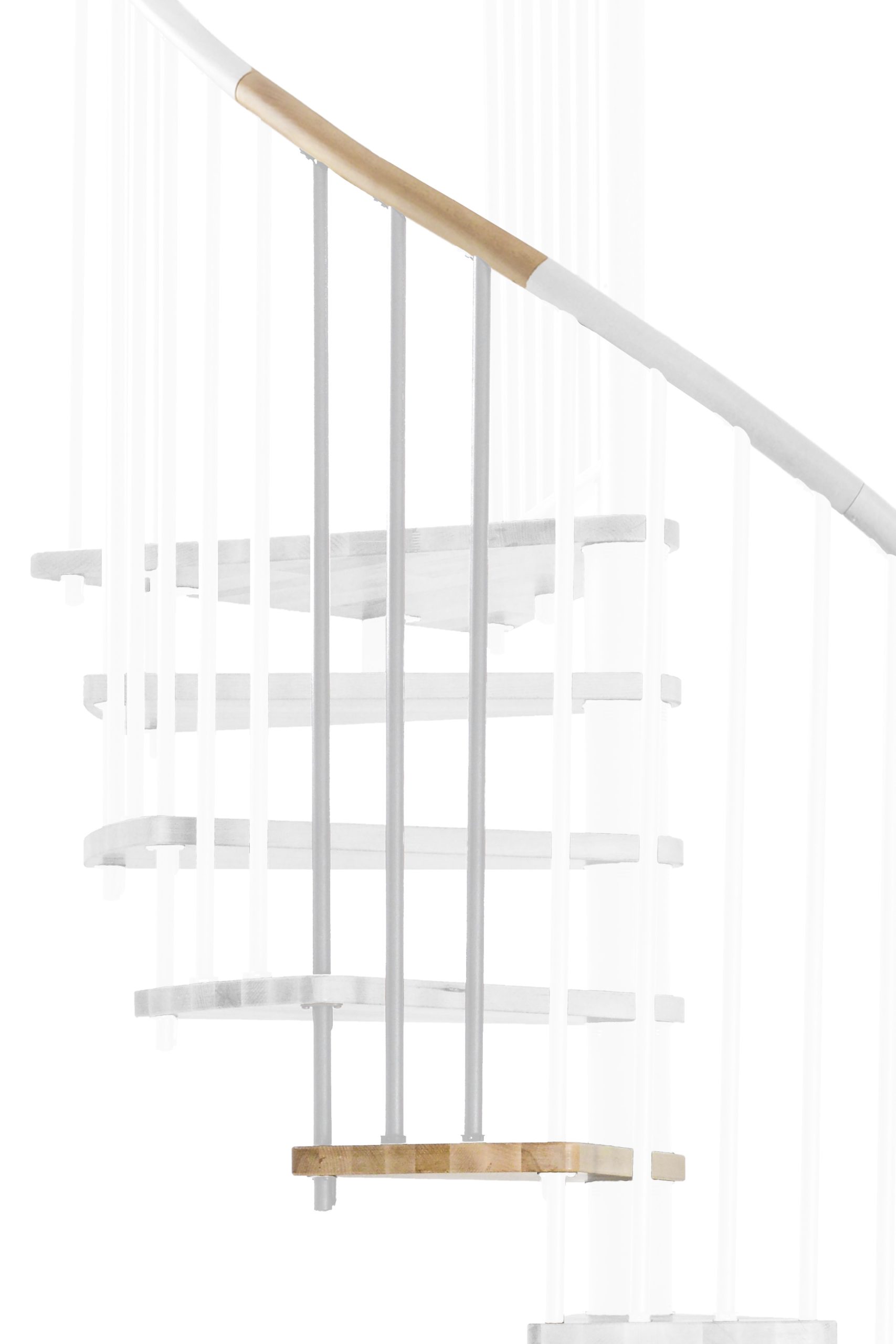 Höhenerweiterung für die Treppe Spiral Wood mit Stufen in Eiche, weißem Stahlgeländer und Holz-Handlauf. Gezeigt wird ein Detail der Zusatzstufe, der Geländerstäbe und des Handlaufs.