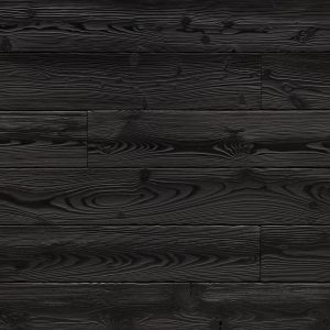 Nahaufnahme von Black-Dahlia-Holzpaneelen, gebürstet. Die tiefschwarze Oberfläche mit markanter Maserung und Struktur sorgt für einen modernen, eleganten Look.