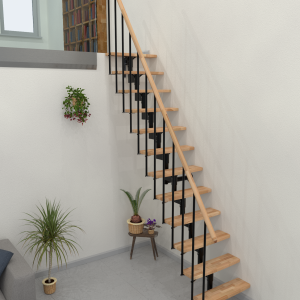Gerade Mittelholmtreppe mit Stufen aus Buche und schwarzem Metallgestell