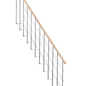 Zweites Geländer für die Mittelholmtreppe Style mit Handlauf aus Buche und grauen Metallstäben mit horizontalen Elementen.