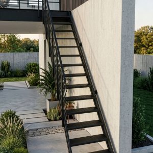 Schwarze Metalltreppe an moderner Betonwand im Außenbereich eines Hauses, umgeben von Pflanzen und klaren Architekturformen.