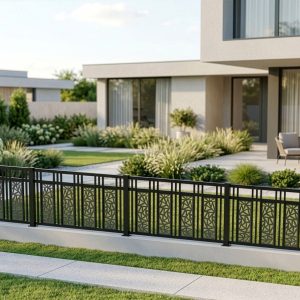 Modernes Wohnhaus mit klarer Architektur, großer Terrasse und gepflegtem Garten, eingefasst von einem dunklen Metallzaun mit geometrischen Dekorelementen.