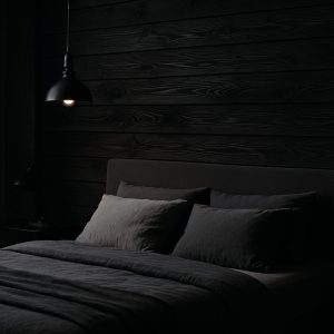 Dunkles, stimmungsvoll beleuchtetes Schlafzimmer mit Polsterbett und dunkler Bettwäsche, vor einer Wandverkleidung aus horizontal verlegtem, schwarz gefärbtem Holz Black Dahlia von Minka Wood, akzentuiert durch eine schwarze Pendelleuchte und dezente Nachttischbeleuchtung.
