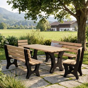 Minka Garden Campo Gartenmöbel-Set mit Tisch, Bänken und Stühlen aus heimischem Lärchenholz sowie schwarzem Stahlgestell – ideal für Garten, Terrasse und gemütliche Sitzbereiche.