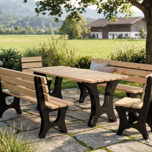 Minka Garden Campo Gartenmöbel-Set mit Tisch, Bänken und Stühlen aus heimischem Lärchenholz sowie schwarzem Stahlgestell – ideal für Garten, Terrasse und gemütliche Sitzbereiche.
