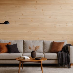 Modern eingerichtetes Wohnzimmer mit beigem Sofa, rundem Couchtisch aus Holz, Stehleuchte und Dekokissen, vor einer Wandverkleidung aus horizontal verlegtem Holz Edelweiss gebürstet von Minka Wood, ergänzt durch Teppich und dezente Wohnaccessoires.