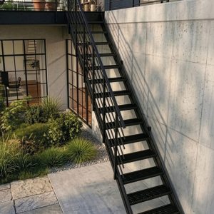 Flex Grid Zink Außentreppe mit 14 verzinkten Gitterroststufen, schwarz pulverbeschichtetem Stahlrahmen und Sicherheitsgeländer. Robuste Außentreppe mit rutschhemmenden Gitterroststufen für Terrassen, Balkone und Gartenzugänge.