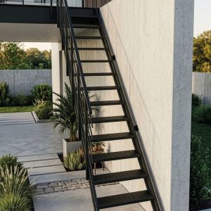Schwarze Metalltreppe an moderner Betonwand im Außenbereich eines Hauses, umgeben von Pflanzen und klaren Architekturformen.