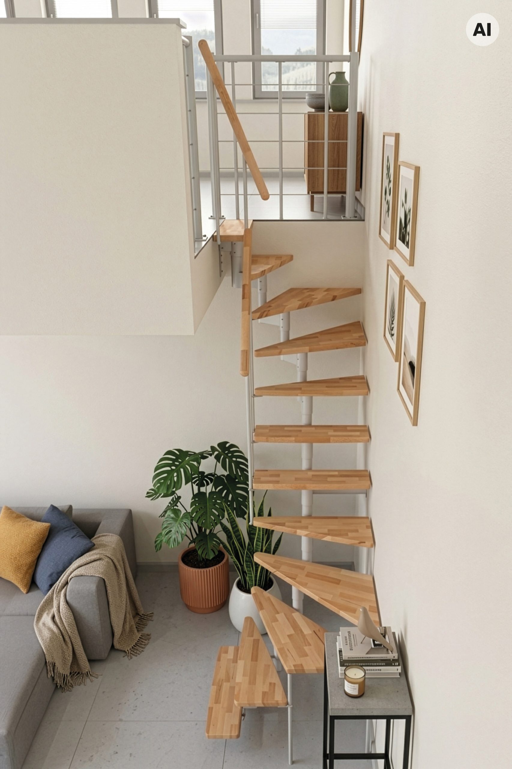 Moderne Minka Joker Turn 180° Raumspartreppe mit Massivholzstufen aus Buche, weißer Stahlkonstruktion und platzsparender 180-Grad-Wendung für kleine Wohnräume.