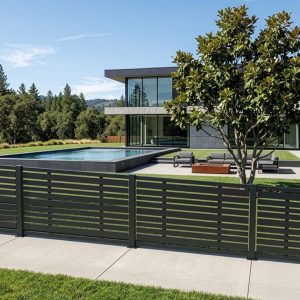 Moderner Plano Mix Sichtschutzzaun in Anthrazit, 120 cm hoch, mit horizontalen Lamellen in unterschiedlichen Breiten, als stilvolle Grundstücksabgrenzung und moderner Sichtschutz für ein modernes Wohnhaus mit Terrasse und Pool.