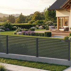 Moderner Portico Gartenzaun in Anthrazit mit horizontalen Aluminiumlamellen, 120 cm hoch, als langlebige und elegante Grundstücksabgrenzung mit offenem Charakter für einen modernen Garten.