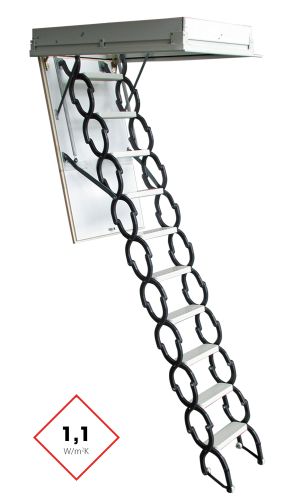Dachbodentreppe Euro Star mit Scherentreppen-System aus Metall und isolierter Deckelklappe. Die Wärmedämmung beträgt 1,1 W/m²K.