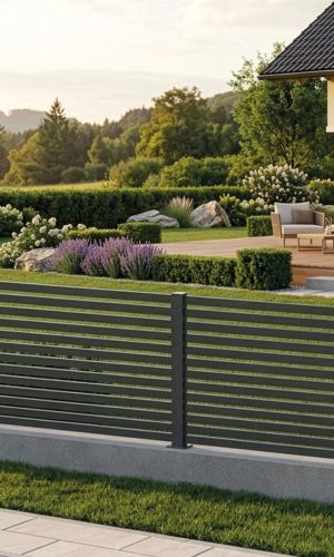 Moderner Portico Gartenzaun in Anthrazit mit horizontalen Aluminiumlamellen, 120 cm hoch, als langlebige und elegante Grundstücksabgrenzung mit offenem Charakter für einen modernen Garten.