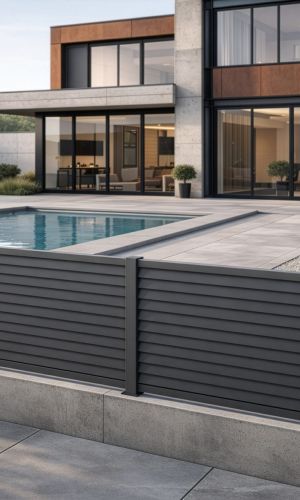 Moderner Garten mit anthrazitfarbenem Minka Garden Strata Sichtschutzzaun aus Aluminium vor einem Pool und einem zeitgenössischen Einfamilienhaus. Die horizontalen Lamellen sorgen für einen eleganten, blickdichten Sichtschutz und fügen sich harmonisch in die moderne Architektur ein.