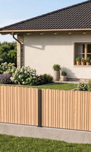 Moderner Terra Sichtschutzzaun mit anthrazitfarbenem Aluminiumrahmen und vertikalen Lamellen aus naturbelassenem Lärchenholz, 120 cm hoch, vor einem Einfamilienhaus als elegante Grundstücksabgrenzung und zuverlässiger Sichtschutz.