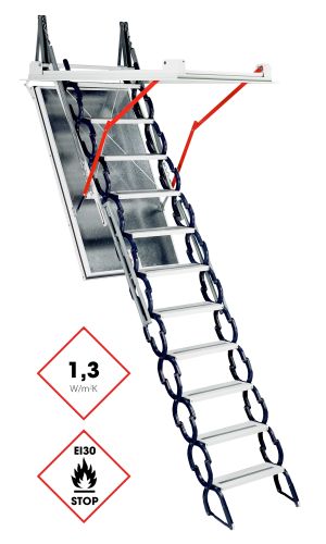 Dachbodentreppe Type 13 X-Large mit Scherentreppen-System aus Metall und besonders großer Deckenöffnung. Ausgestattet mit silberner isolierter Deckelklappe, umlaufender Wärmedämmung (1,3 W/m²K), EI30-Brandschutzkennzeichnung und roten Hebelarmen zur Bedienunterstützung.
