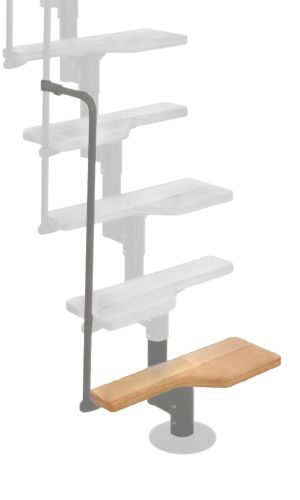 Höhenerweiterung für die Treppe Twister mit Buche-Stufen und grauem Metall. Gezeigt wird ein Detail der Zusatzstufe, der Geländerstäbe und des Handlaufs.