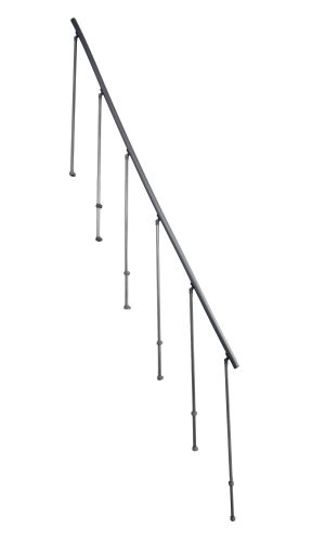 Zweites Geländer für die Treppe Monte Carlo. Das Geländer besteht aus schlanken, grauen Metallpfosten mit einem durchgehenden grauen PVC Handlauf.