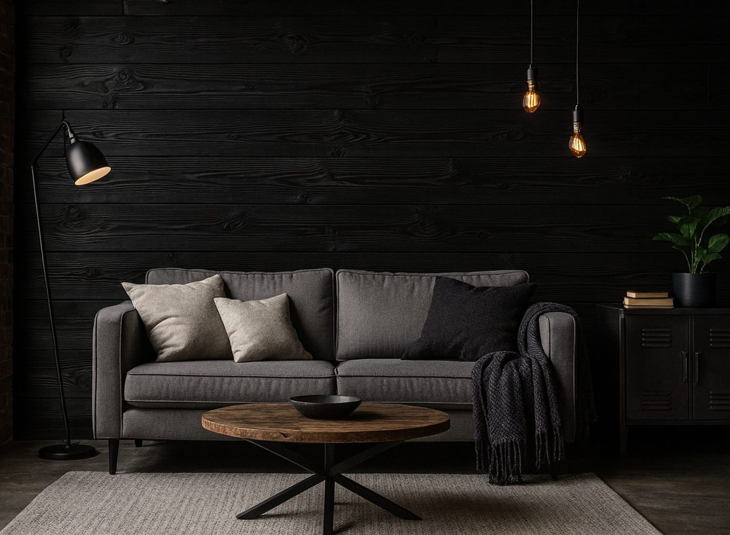 Dunkel gestalteter Wohnbereich mit grauem Sofa, runden Couchtisch aus Holz und Teppich, vor einer Wandverkleidung aus horizontal verlegten, schwarz gefärbten Holzbohlen, akzentuiert durch Stehleuchte, hängende Glühbirnen und dezente Dekoration.