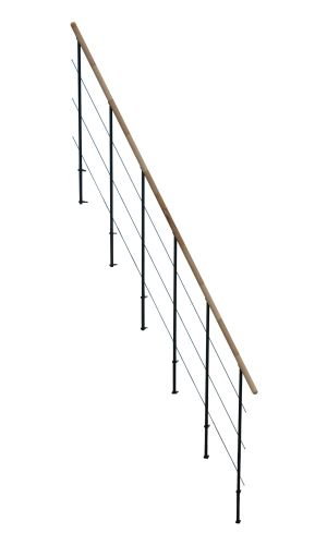 Minka Quatro Zweitgeländer mit Handlauf aus Buche, schwarzen Stahlpfosten und horizontalen Edelstahlseilen – passend für moderne Quatro Treppen.