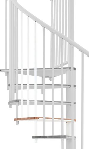 Höhenerweiterung für die Spindeltreppe Switch mit Stufen in Buche und weißem Metall. Gezeigt wird ein Detail der Zusatzstufe und der Geländerstäbe.